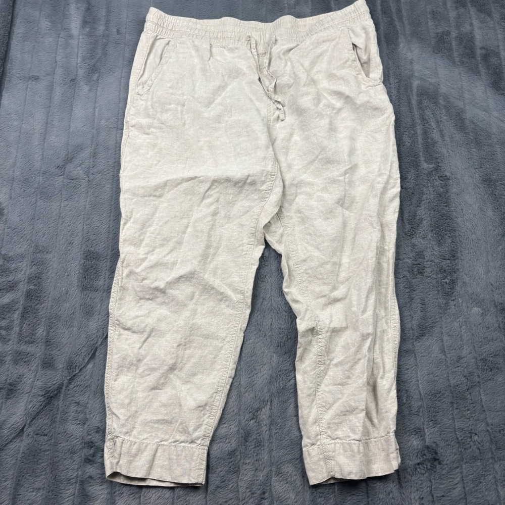 LL Bean 100% Linen Pants Beige Oatmeal Elastic Drawstring 14 PET 517917